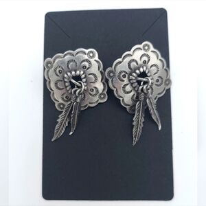 JJ Sliver Pewter Tone Navajo Southwestern Style Father  Earrings Stud